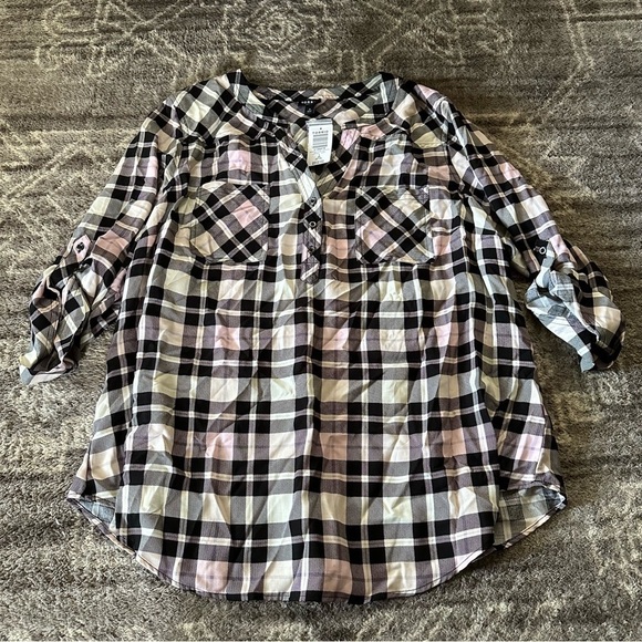 NWT Torrid Harper Challis Pullover 3/4 Sleeve Blouse Jamie Plaid Dew Pink - Picture 5 of 7